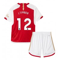Camisa de Futebol Arsenal Jurrien Timber #12 Equipamento Principal Infantil 2023-24 Manga Curta (+ Calças curtas)
